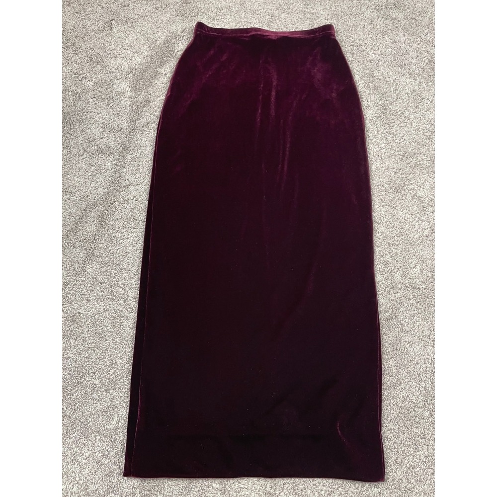 Vintage Cache Skirt Womens Small Velvet Midi Pencil Burgundy Pull On Stretch